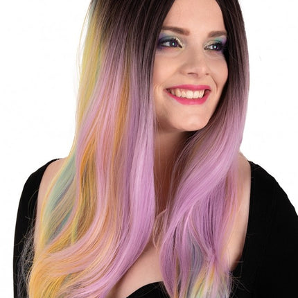 Peluca Selena Larga Con Rizos Arco Iris Pastel
