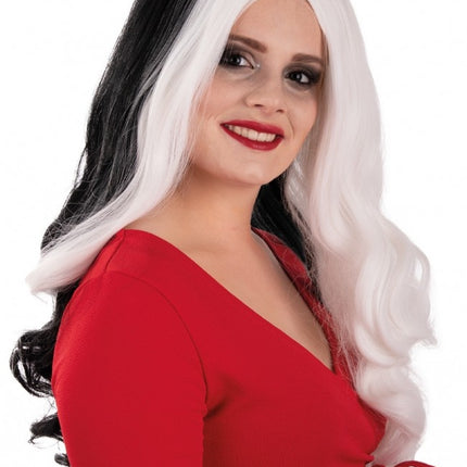 Peluca Selena Larga Con Rizos Negra Y Blanca Con Un Lok Blanco