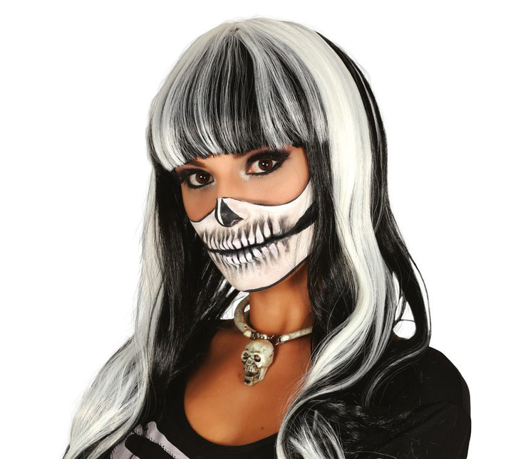 Peluca Halloween Flequillo Negro Blanco