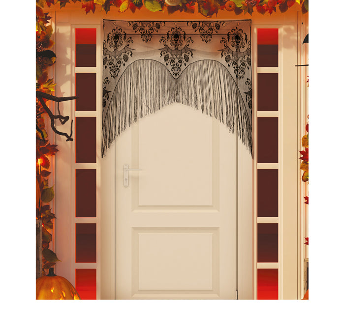 Cortina de Puerta de Halloween Negra de Encaje con Cuerdas