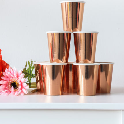 Vasos Oro Rosa Cartón Metalizado 250ml 8uds.