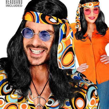 Peluca Disco 70S Negra Con Diadema