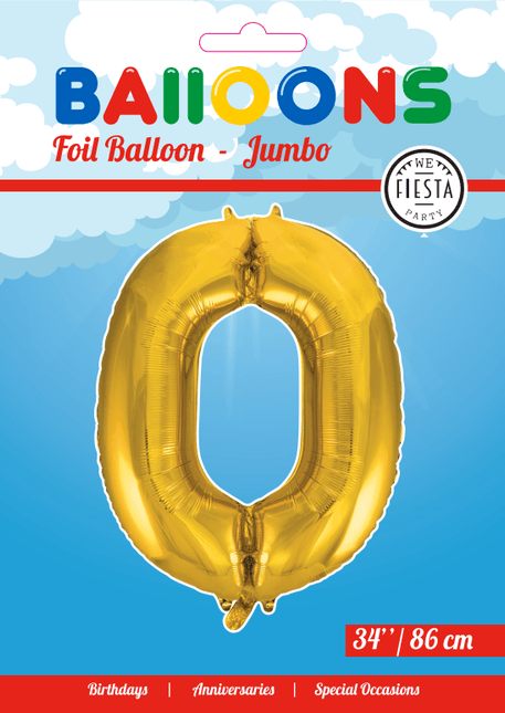 Folie Ballon Cijfer 0 Goud XL 86cm leeg - Partywinkel - 5712735006770