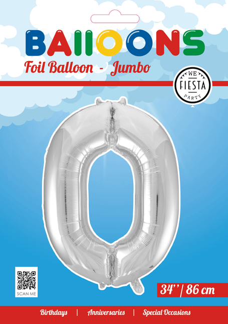 Folie Ballon Cijfer 0 Zilver XL 86cm leeg - Partywinkel - 5712735006671