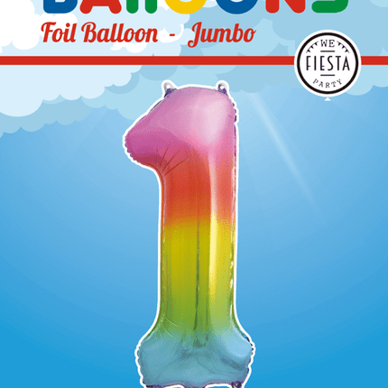 Folie Ballon Cijfer 1 Regenboog XL 86cm leeg van WeFiesta koop je bij Partywinkel