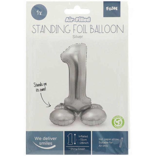 Folie Ballon Cijfer 1 Zilver met standaard 72cm van Folat koop je bij Partywinkel