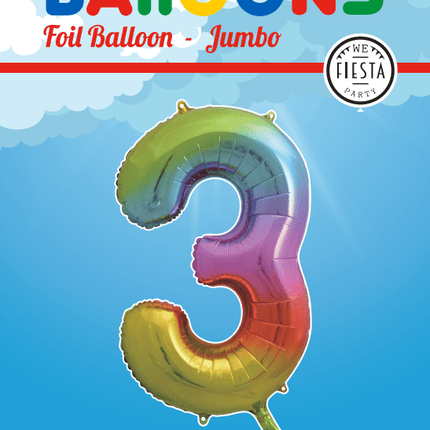 Folie Ballon Cijfer 3 Regenboog XL 86cm leeg van WeFiesta koop je bij Partywinkel