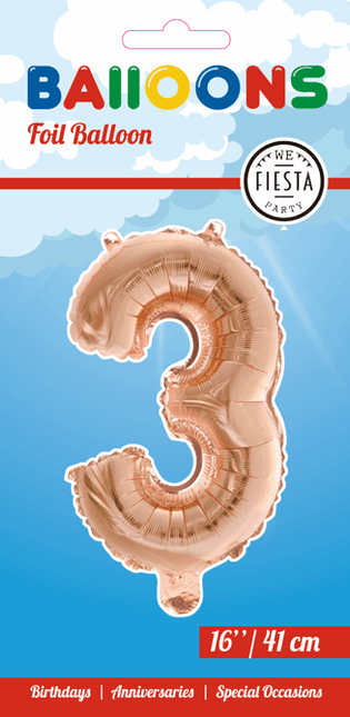 Folie Ballon Cijfer 3 Rose Goud 41cm met Rietje van WeFiesta koop je bij Partywinkel