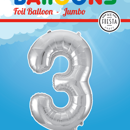 Folie Ballon Cijfer 3 Zilver XL 86cm leeg - Partywinkel - 5712735006602
