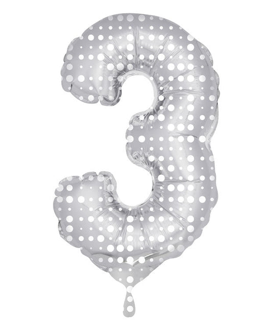 Folie Ballon Cijfer 3 Zilveren Stippen XL 86cm leeg van Folat koop je bij Partywinkel