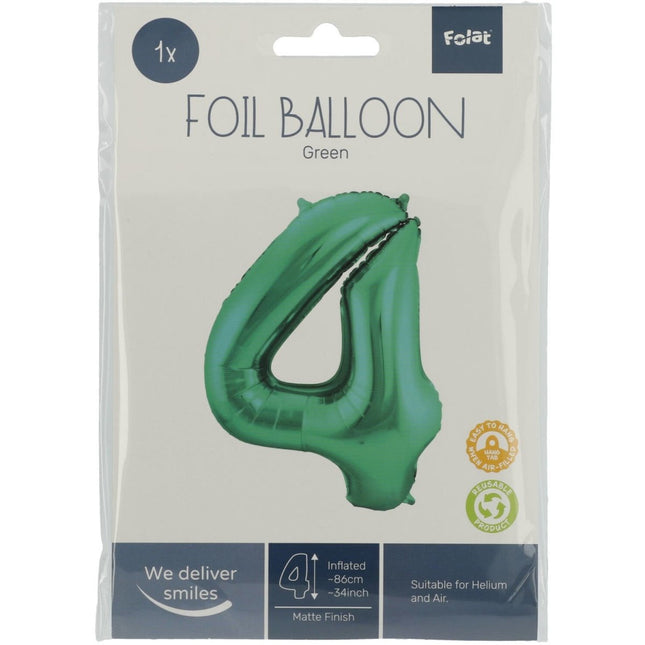 Folie Ballon Cijfer 4 Mat Groen XL 86cm leeg van Folat koop je bij Partywinkel