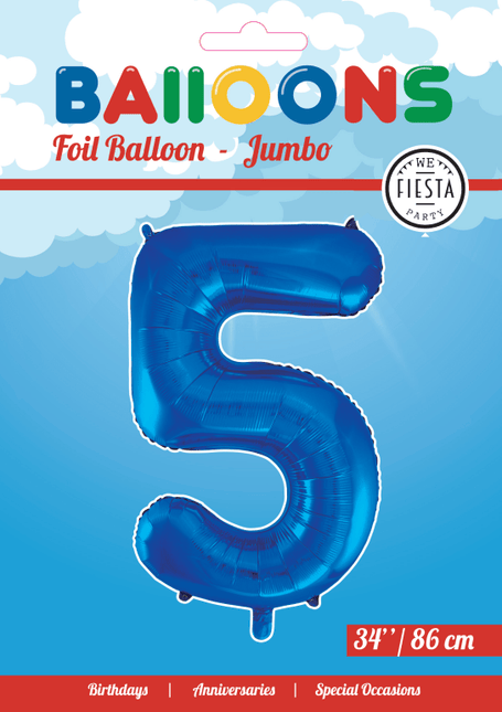 Folie Ballon Cijfer 5 Blauw XL 86cm leeg - Partywinkel - 5712735007203