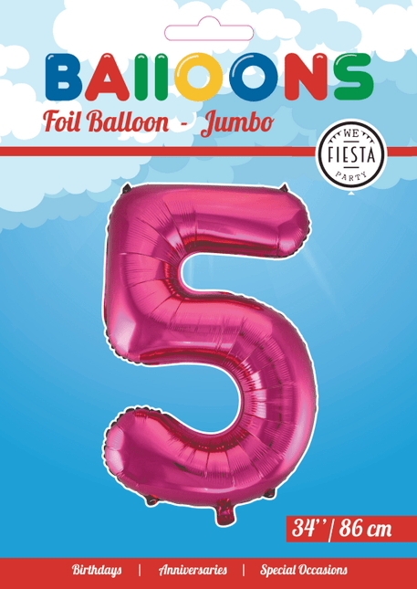 Folie Ballon Cijfer 5 Fuchsia XL 86cm leeg - Partywinkel - 5712735007111