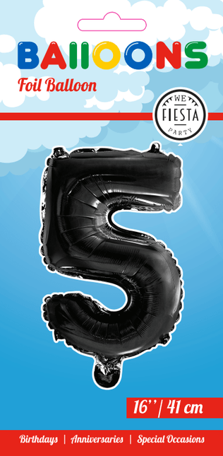 Folie Ballon Cijfer 5 Zwart 41cm met Rietje van WeFiesta koop je bij Partywinkel