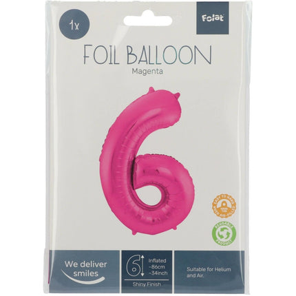Folie Ballon Cijfer 6 Fuchsia Metallic XL 86cm leeg van Folat koop je bij Partywinkel