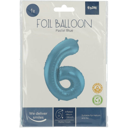 Folie Ballon Cijfer 6 Pastel Blauw XL 86cm leeg van Folat koop je bij Partywinkel