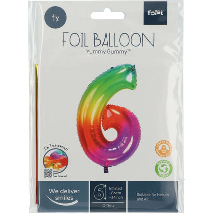 Folie Ballon Cijfer 6 Regenboog XL 81cm leeg van Folat koop je bij Partywinkel