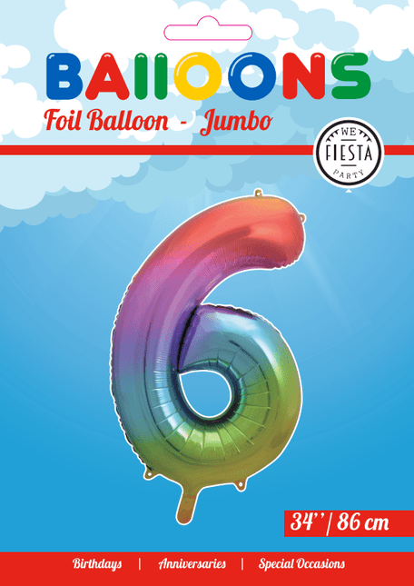 Folie Ballon Cijfer 6 Regenboog XL 86cm leeg van WeFiesta koop je bij Partywinkel