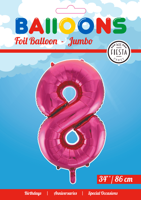 Folie Ballon Cijfer 8 Fuchsia XL 86cm leeg - Partywinkel - 5712735007142