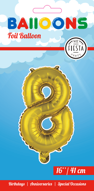 Folie Ballon Cijfer 8 Goud 41cm met Rietje van WeFiesta koop je bij Partywinkel