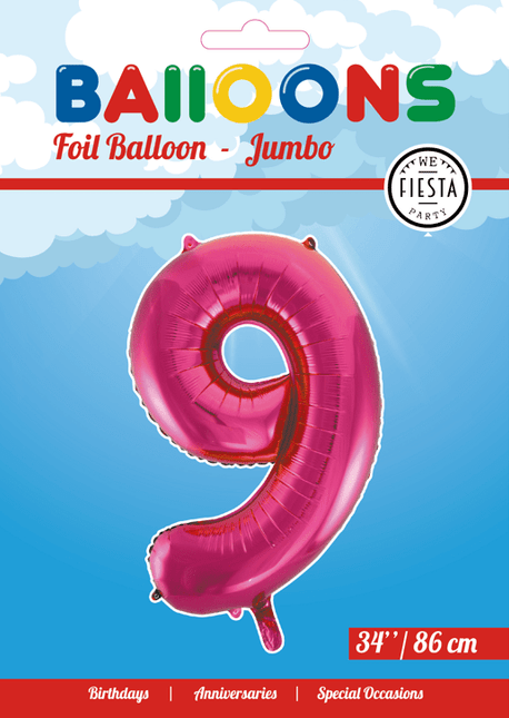 Folie Ballon Cijfer 9 Fuchsia XL 86cm leeg - Partywinkel - 5712735007159