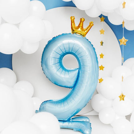 Folie Ballon Cijfer 9 Lichtblauw Standaard Leeg 84cm van Partydeco koop je bij Partywinkel