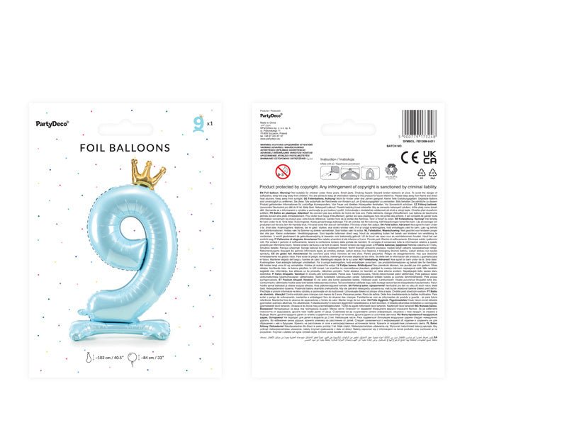 Folie Ballon Cijfer 9 Lichtblauw Standaard Leeg 84cm van Partydeco koop je bij Partywinkel