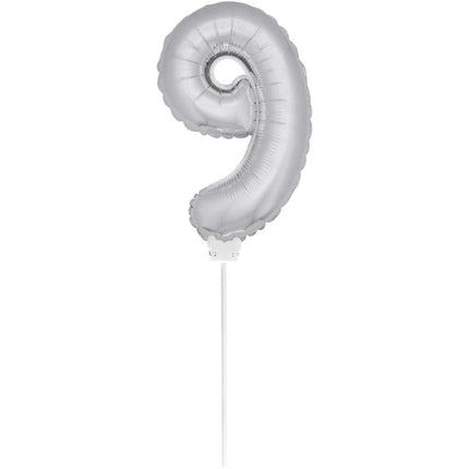 Folie Ballon Cijfer 9 Zilver 36cm met stokje van Folat koop je bij Partywinkel