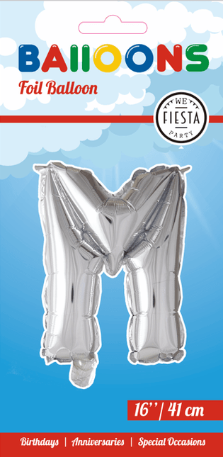 Folie Ballon Letter M Zilver 41cm met Rietje van WeFiesta koop je bij Partywinkel