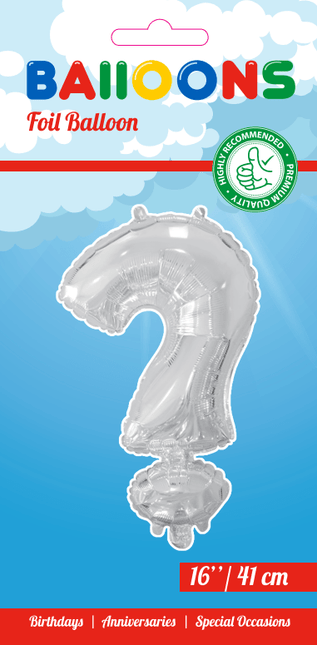 Folie Ballon Vraagteken ? Zilver 41cm met Rietje van WeFiesta koop je bij Partywinkel