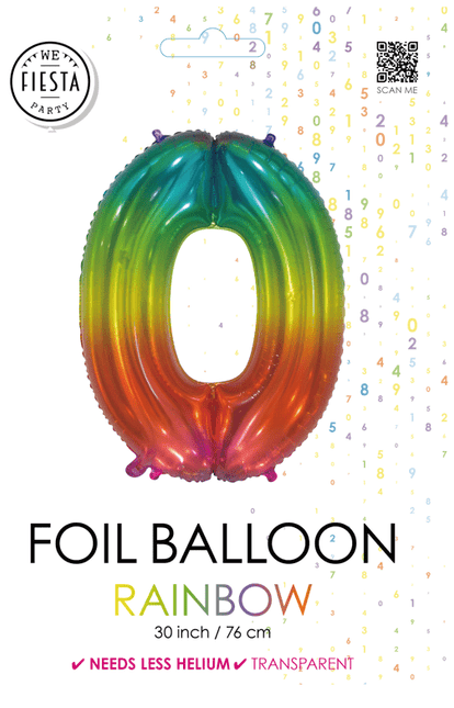 Folieballon Cijfer 0 Regenboog Transparant 66cm van WeFiesta koop je bij Partywinkel