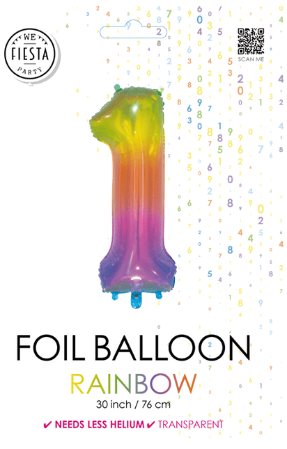 Folieballon Cijfer 1 Regenboog Transparant 66cm van WeFiesta koop je bij Partywinkel