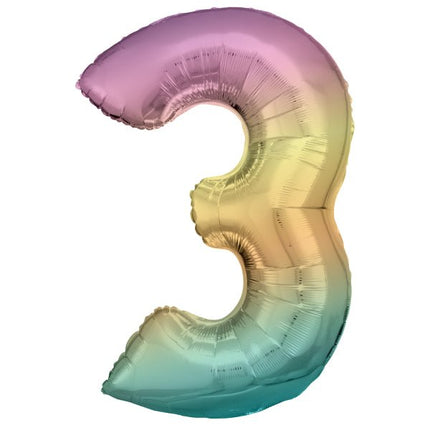 Folieballon – Cijfer 3 – Rainbow Pastel – 92 x 58 cm van Riethmueller koop je bij Partywinkel