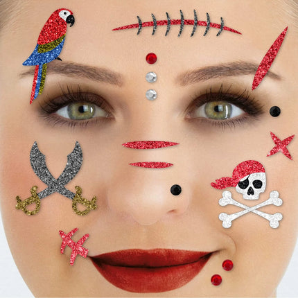 Tatuajes falsos rojos para la cara con purpurina de pirata