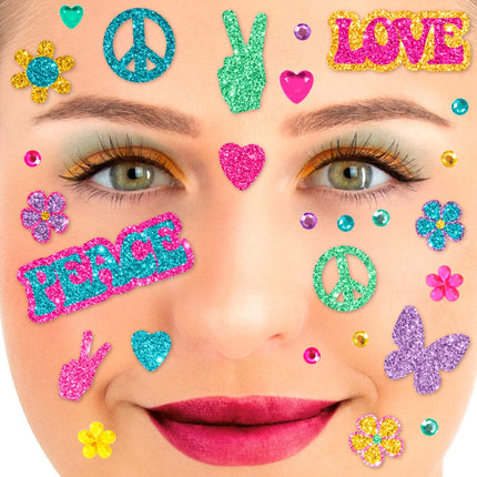 Tatuajes temporales de colores para la cara con purpurina «Flower Power»
