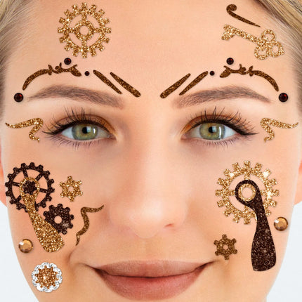 Tatuajes falsos marrones para la cara con purpurina, estilo steampunk y latón