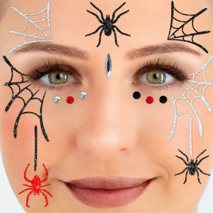 Pegatinas de cara con forma de telaraña, negras, rojas y con purpurina