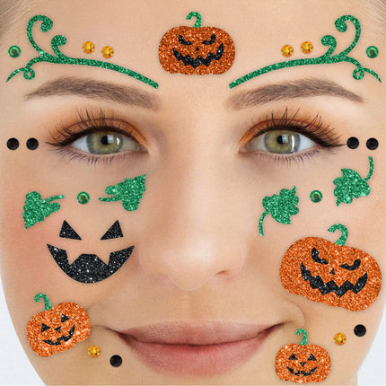 Tatuajes temporales verdes y naranjas para la cara con purpurina y forma de calabaza