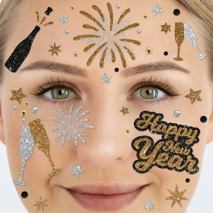 Tatuajes temporales dorados y plateados para la cara con purpurina: ¡Feliz Año Nuevo!