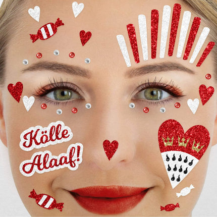 Tatuajes falsos rojos y blancos para la cara, purpurina, Kölle, Alaaf