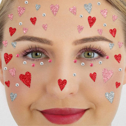 Tatuajes falsos rojos y rosas para la cara con corazones brillantes