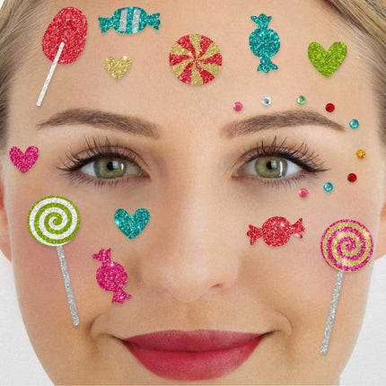 Tatuajes falsos de colores para la cara, purpurina y caramelos, 21.º