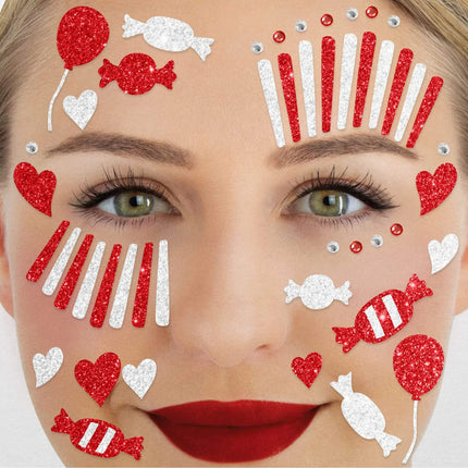 Tatuajes falsos rojos y blancos para la cara con purpurina de payaso