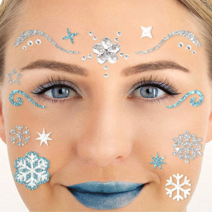 Tatuajes falsos azules y plateados para la cara con purpurina: «Princesa del hielo»