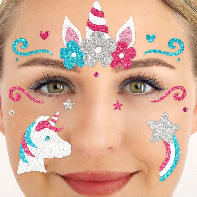 Tatuajes temporales de colores para la cara con purpurina de unicornio