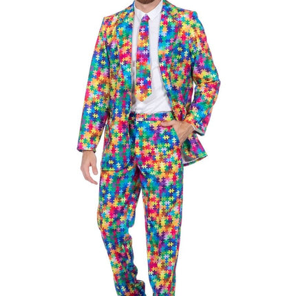 Gekleurd Pak Heren Puzzelstukjes 3 delig van Wilbers & Wilbers koop je bij Partywinkel