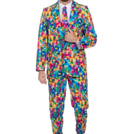 Gekleurd Pak Heren Puzzelstukjes 3 delig van Wilbers & Wilbers koop je bij Partywinkel