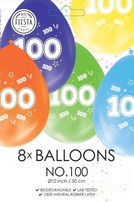 Gekleurde Ballonnen 100 Jaar 30cm 8st van WeFiesta koop je bij Partywinkel