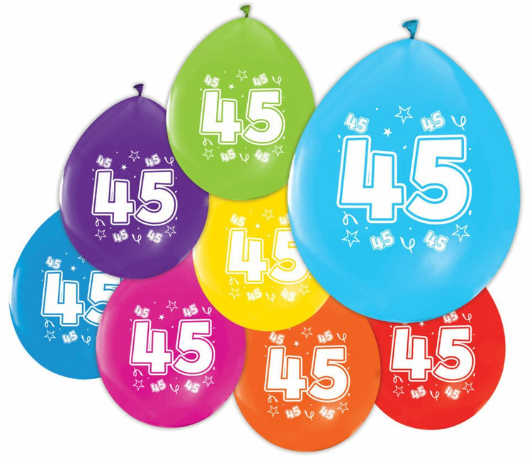 Gekleurde Ballonnen 45 Jaar 30cm 8st van WeFiesta koop je bij Partywinkel