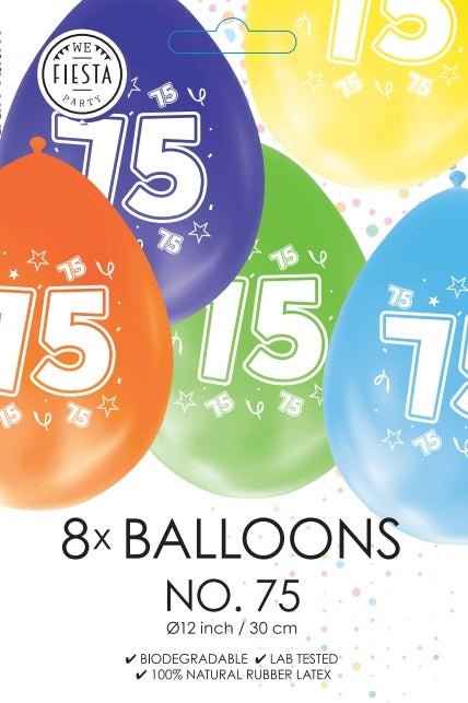 Gekleurde Ballonnen 75 Jaar 30cm 8st van WeFiesta koop je bij Partywinkel